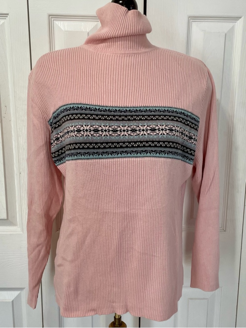 Venezia Pink Ribbed Turtleneck Sweater with Fair Isle Panel